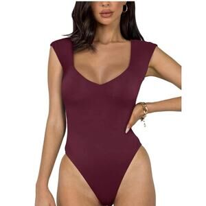 NWT REORIA  V Neck Slimming One Piece Bodysuits Burgundy Red Large Bodycon sexy